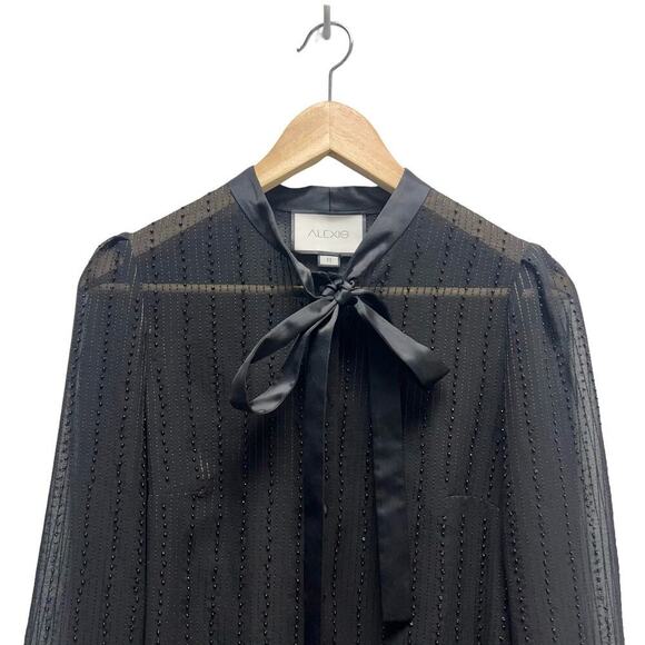 ALEXIS Black Beaded Button Down Shirt Tie Neck Size Medium - Picture 2 of 10